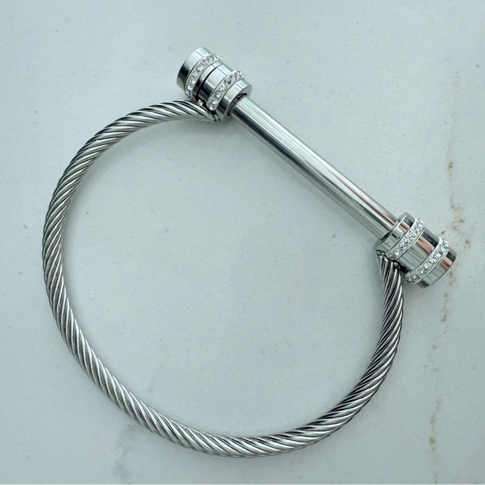 Silver Cable Screw Cuff Bracelet with pave stones